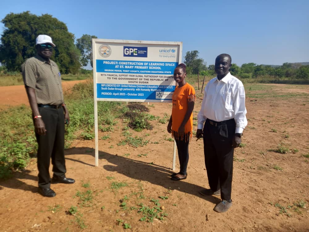 UNICEF education project signage at a Humanity Worldwide school site